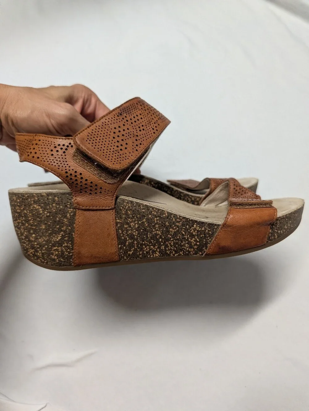 Abeo Brown Perforated Adjustable Leather Wedge Sandals Size 9